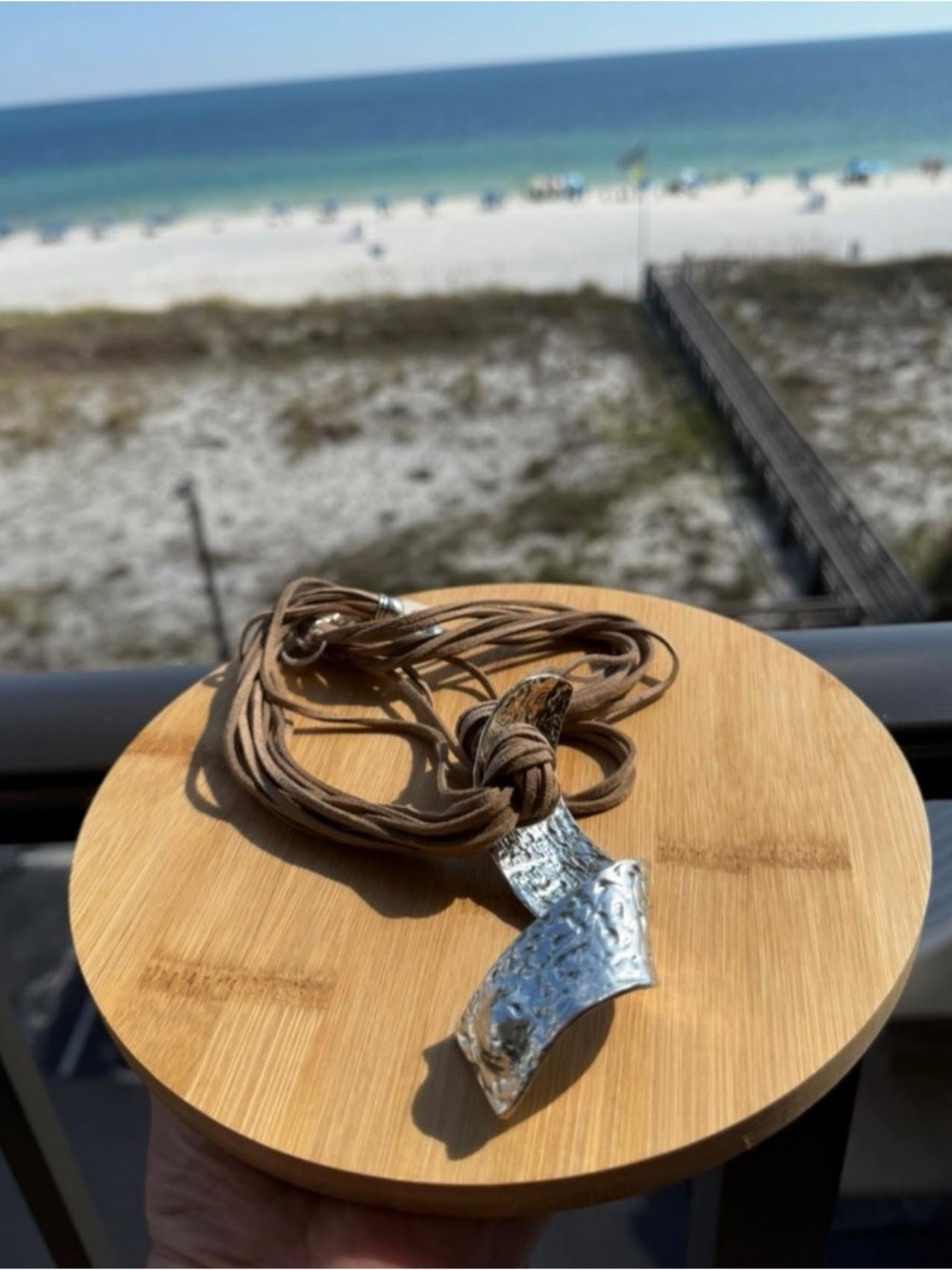 Silver Textured Pendant Necklace on Brown Suede Cord